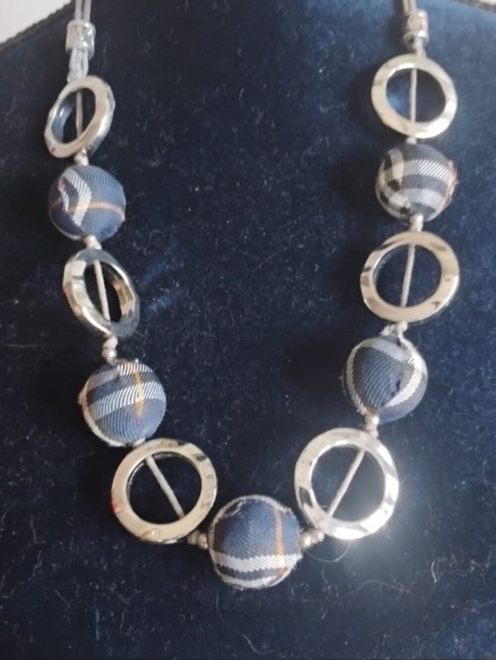 Silver And Navy Plaid Bead Statement Necklace